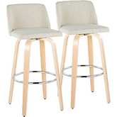 Toriano 30" Swivel Bar Stool in Natural Wood & Cream Fabric with Chrome Footrest (Set of 2)